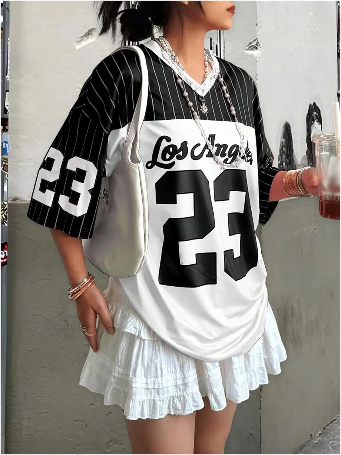 SOLY HUX Jersey Shirts for Women Y2k Oversized T Shirt Striped Number Graphic Tees V Neck Half Sleeve Streetwear Tops