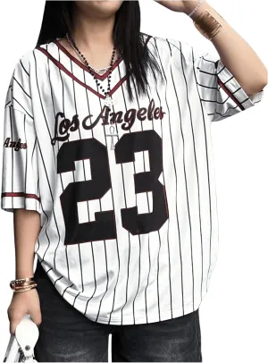 SOLY HUX Jersey Shirts for Women Y2k Oversized T Shirt Striped Number Graphic Tees V Neck Half Sleeve Streetwear Tops