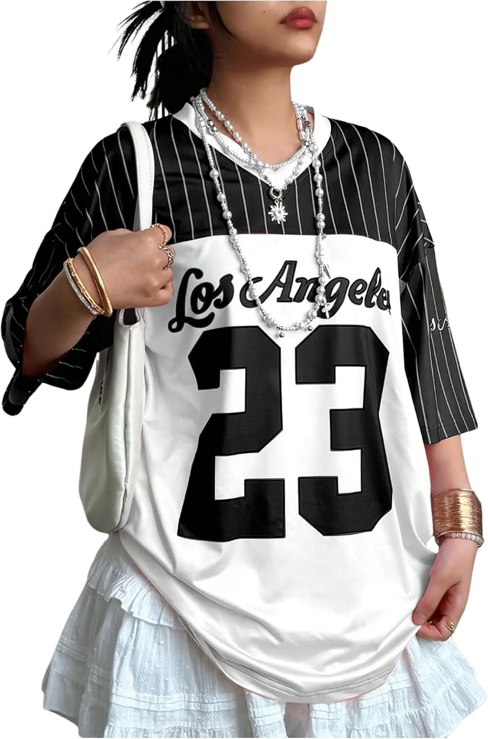 SOLY HUX Jersey Shirts for Women Y2k Oversized T Shirt Striped Number Graphic Tees V Neck Half Sleeve Streetwear Tops
