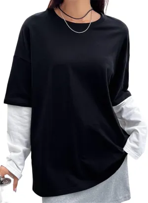 SOLY HUX Women's Oversized T Shirts 2 in 1 Colorblock Long Sleeve Tees Casual Trendy Tops Fall Clothes