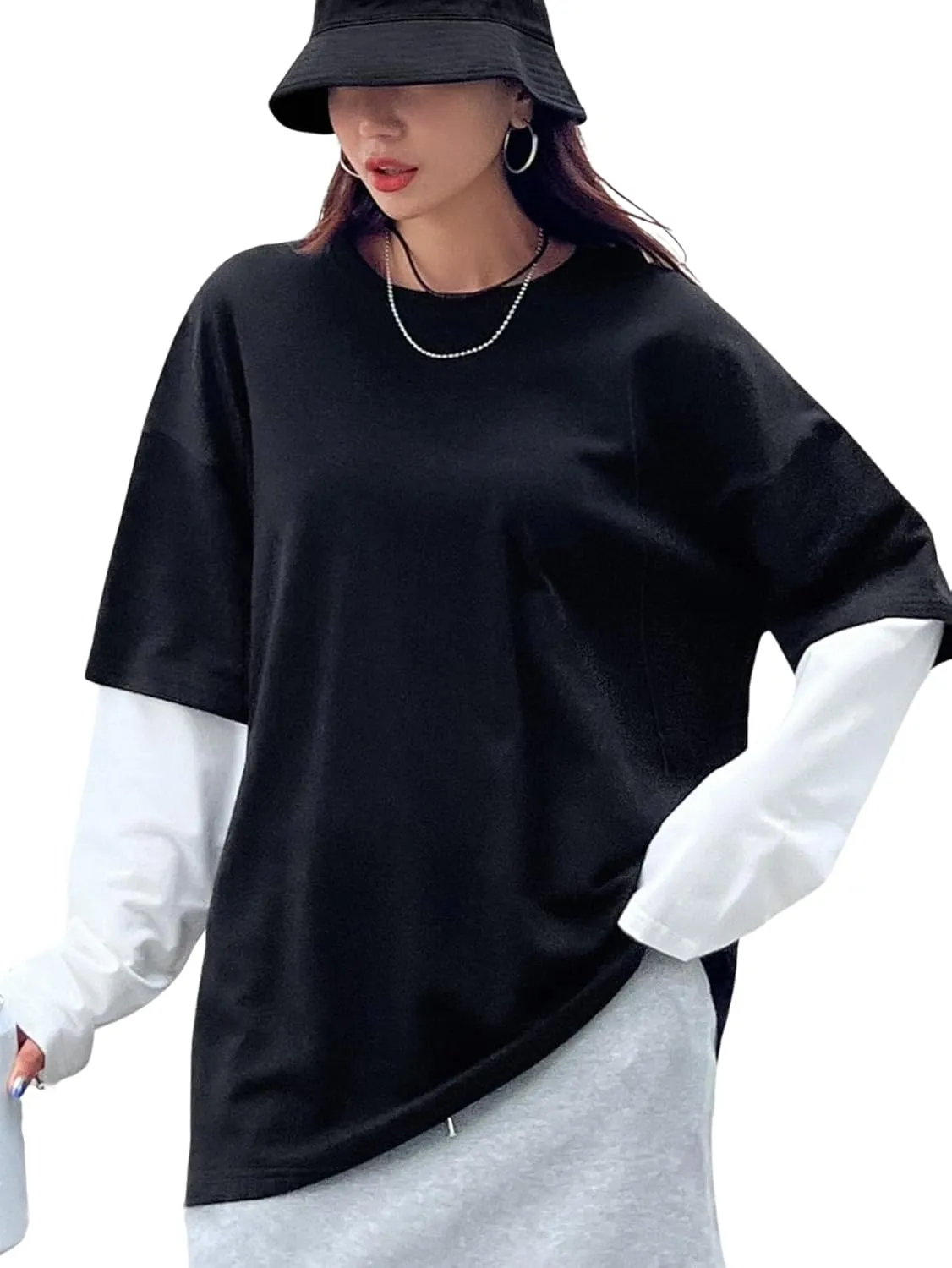 SOLY HUX Women's Oversized T Shirts 2 in 1 Colorblock Long Sleeve Tees Casual Trendy Tops Fall Clothes