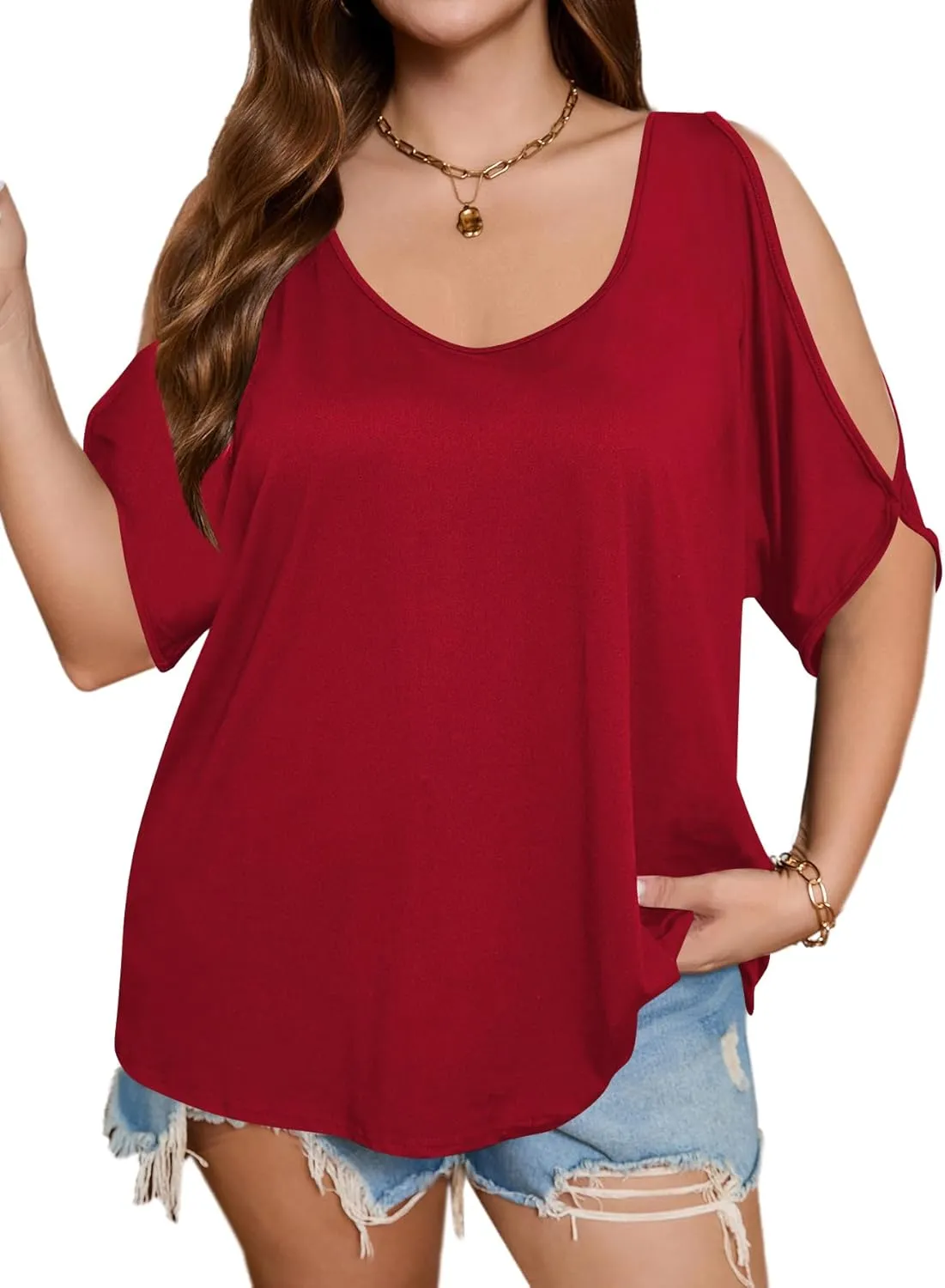 SOLY HUX Women's Plus Size Cold Shoulder Tops Summer Casual Trendy Scoop Neck Loose Tees T Shirts