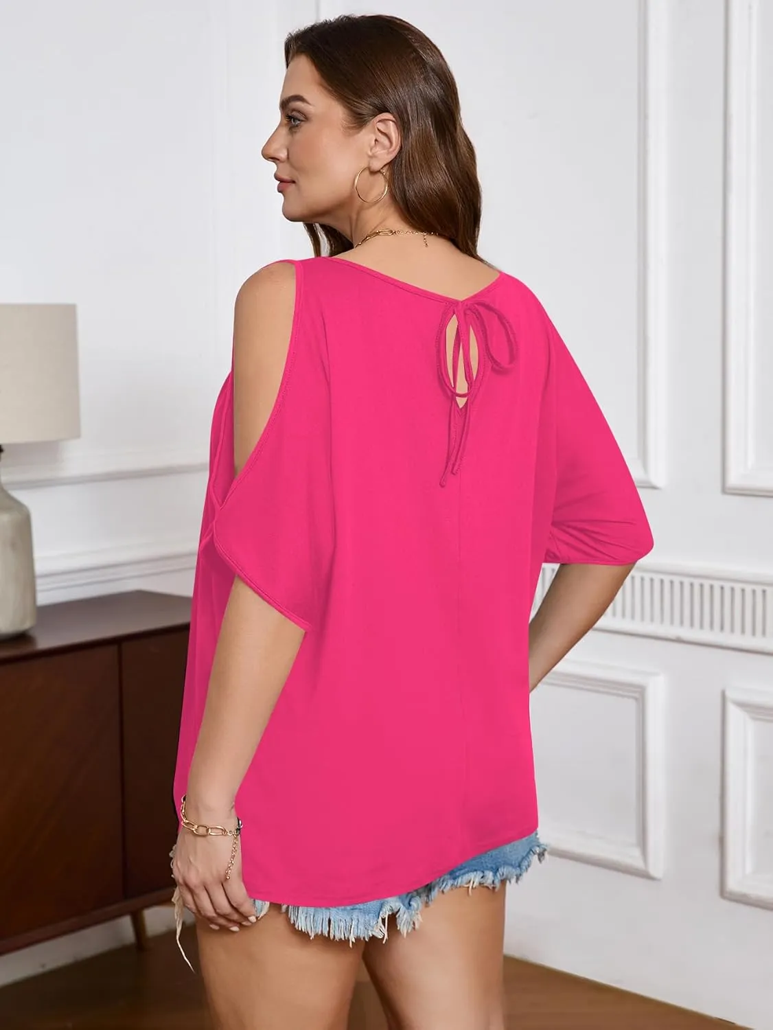 SOLY HUX Women's Plus Size Cold Shoulder Tops Summer Casual Trendy Scoop Neck Loose Tees T Shirts