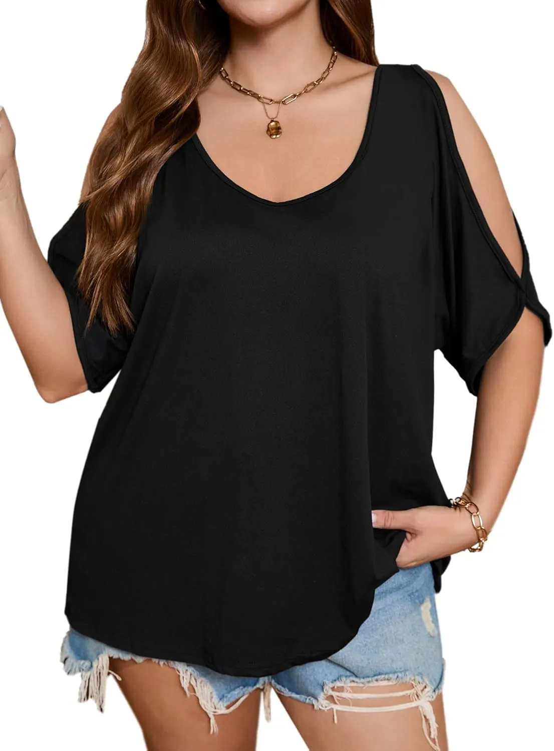 SOLY HUX Women's Plus Size Cold Shoulder Tops Summer Casual Trendy Scoop Neck Loose Tees T Shirts