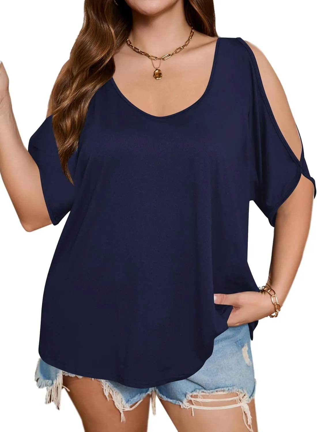 SOLY HUX Women's Plus Size Cold Shoulder Tops Summer Casual Trendy Scoop Neck Loose Tees T Shirts