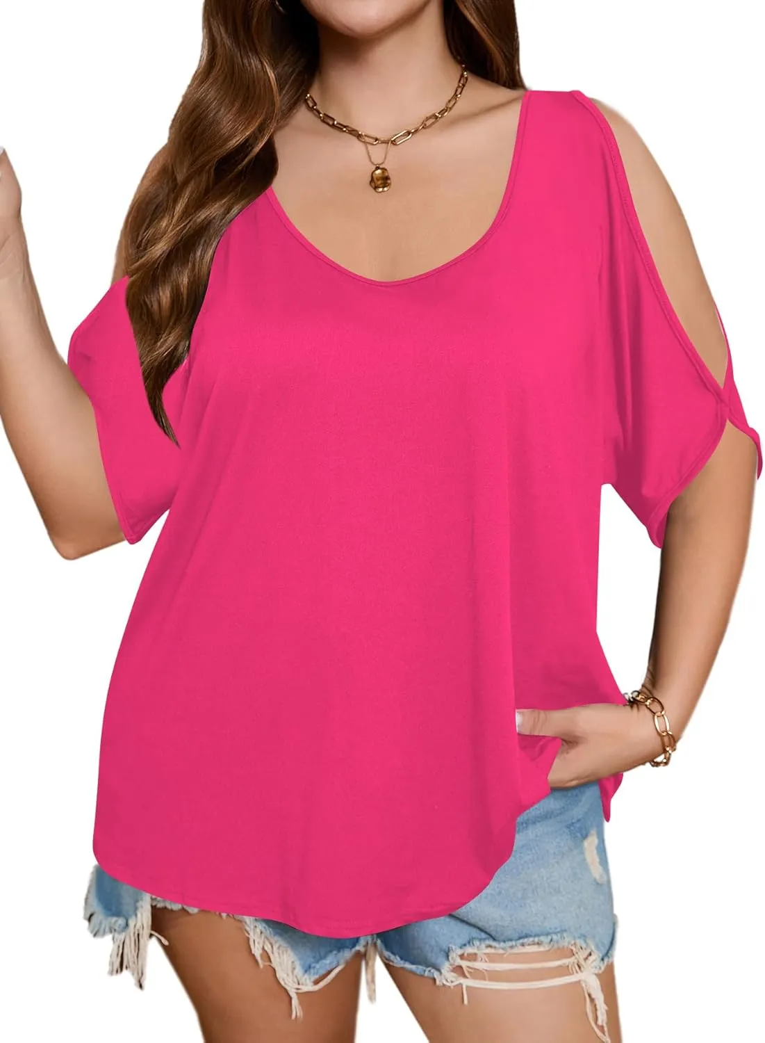 SOLY HUX Women's Plus Size Cold Shoulder Tops Summer Casual Trendy Scoop Neck Loose Tees T Shirts
