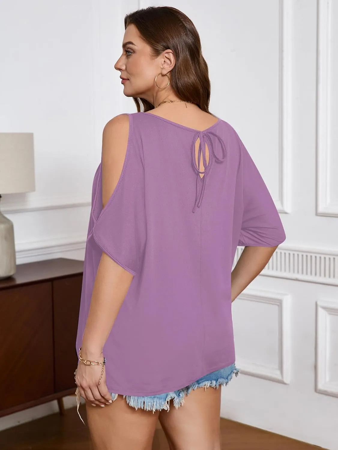 SOLY HUX Women's Plus Size Cold Shoulder Tops Summer Casual Trendy Scoop Neck Loose Tees T Shirts