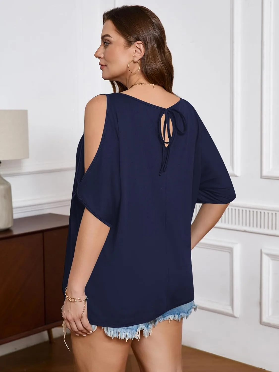 SOLY HUX Women's Plus Size Cold Shoulder Tops Summer Casual Trendy Scoop Neck Loose Tees T Shirts