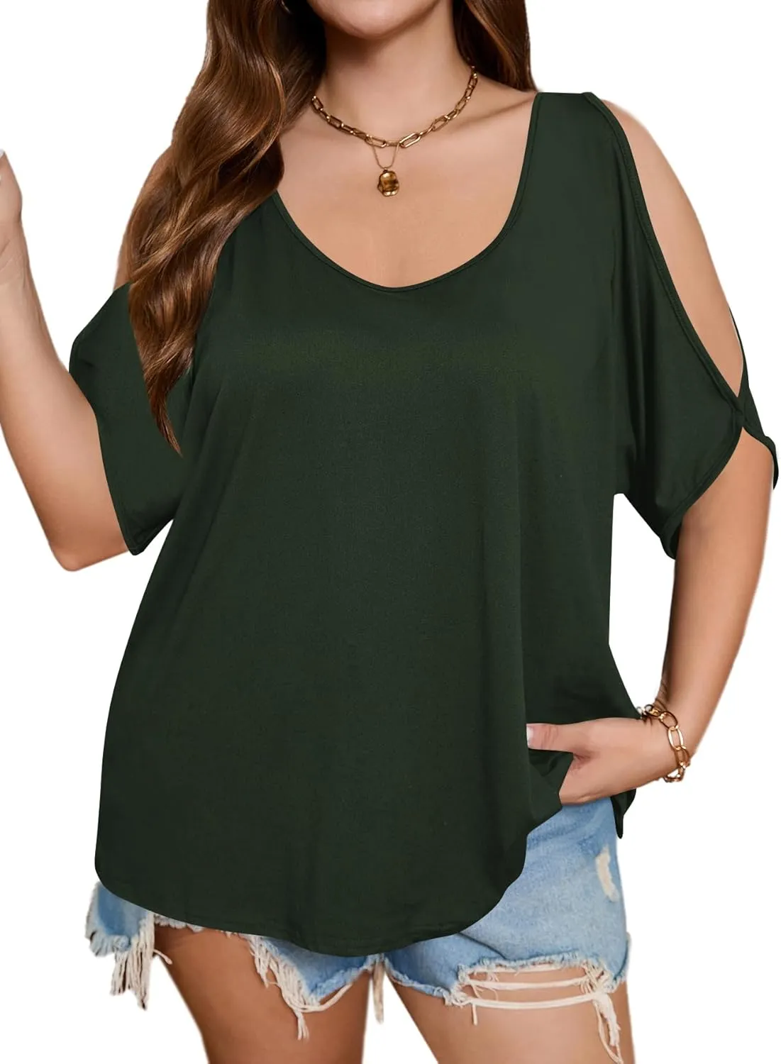 SOLY HUX Women's Plus Size Cold Shoulder Tops Summer Casual Trendy Scoop Neck Loose Tees T Shirts