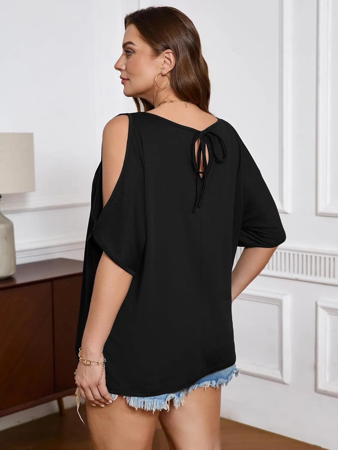 SOLY HUX Women's Plus Size Cold Shoulder Tops Summer Casual Trendy Scoop Neck Loose Tees T Shirts