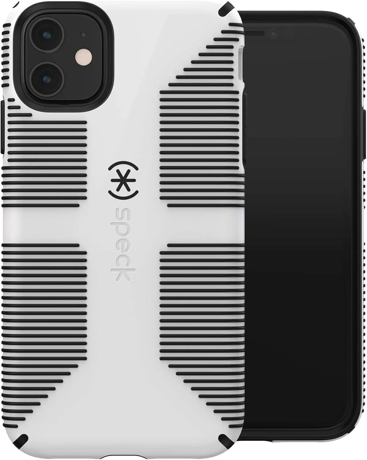 Speck iPhone 11 Case - Drop Protection, Raised Bumpers & Extra Grip Slim Design with Dual Layer Protective Cushion & Qi Wireless Charging Compatible - White, Black CandyShell Grip