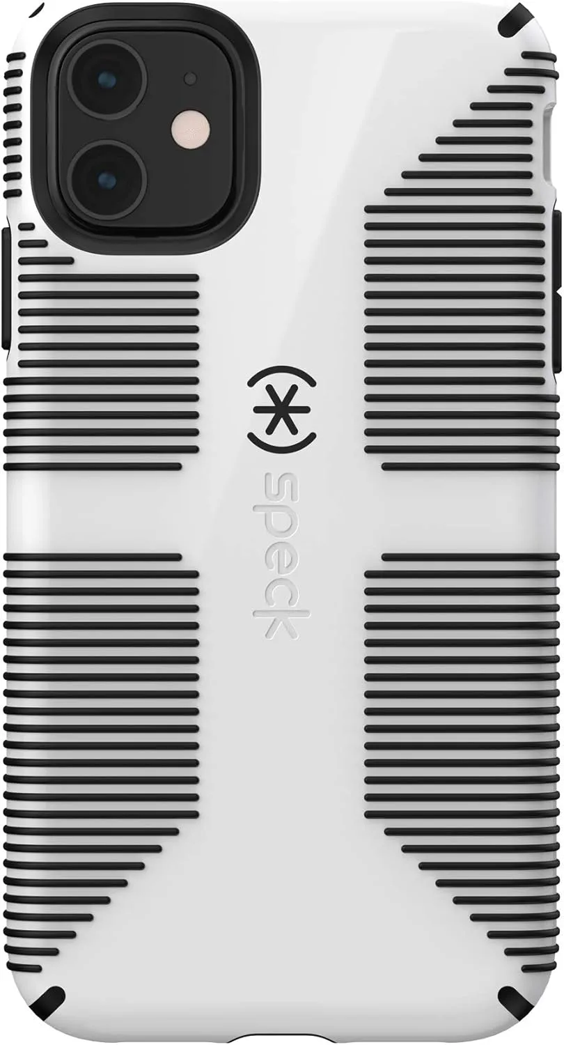 Speck iPhone 11 Case - Drop Protection, Raised Bumpers & Extra Grip Slim Design with Dual Layer Protective Cushion & Qi Wireless Charging Compatible - White, Black CandyShell Grip
