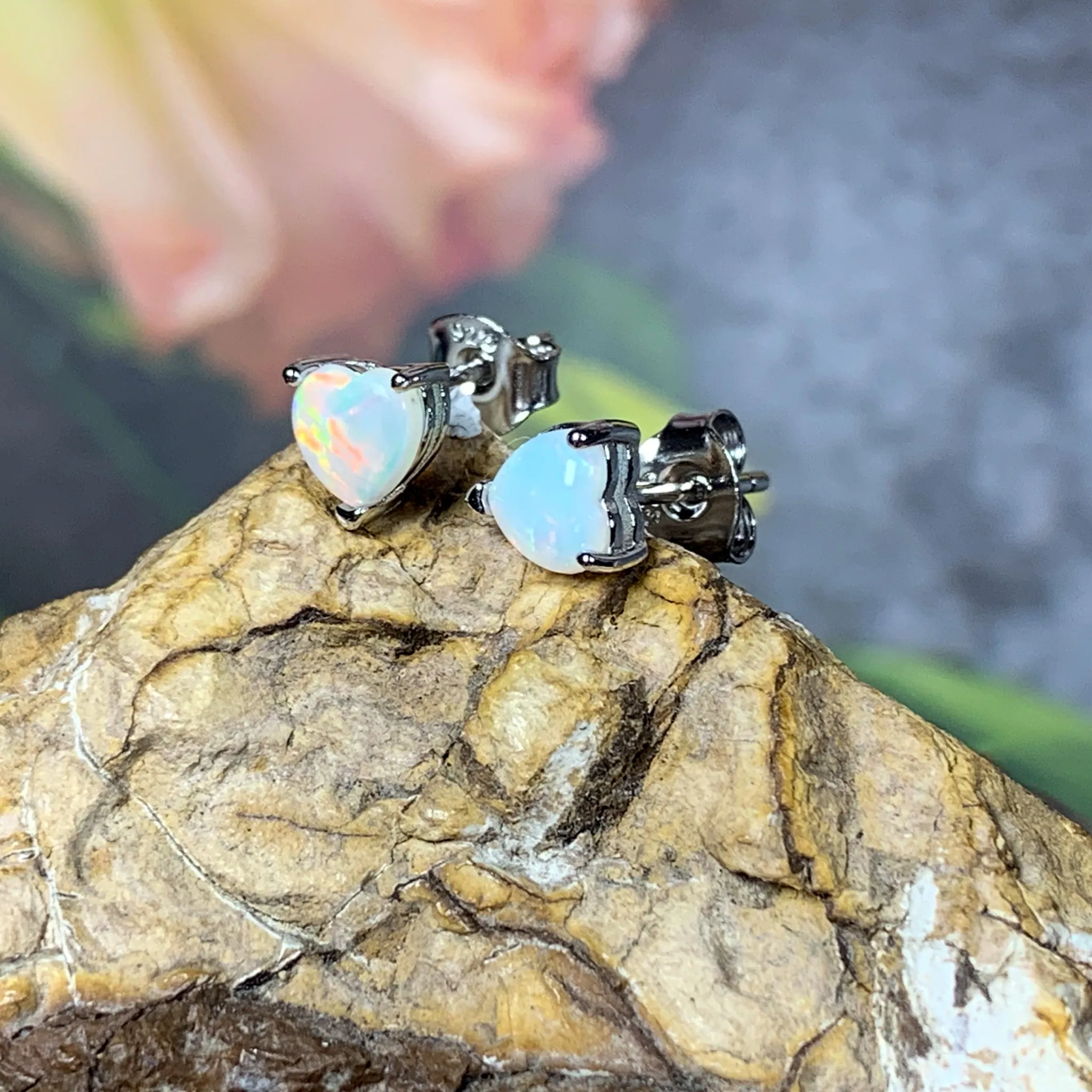 Sterling Silver 5mm Heart shape White Opal studs