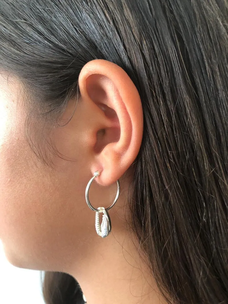 Sterling Silver Cowrie Shell Hoop Earrings