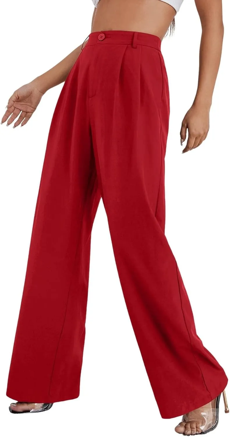 SweatyRocks Women's Casual Wide Leg High Waisted Button Down Straight Long Trousers Pants