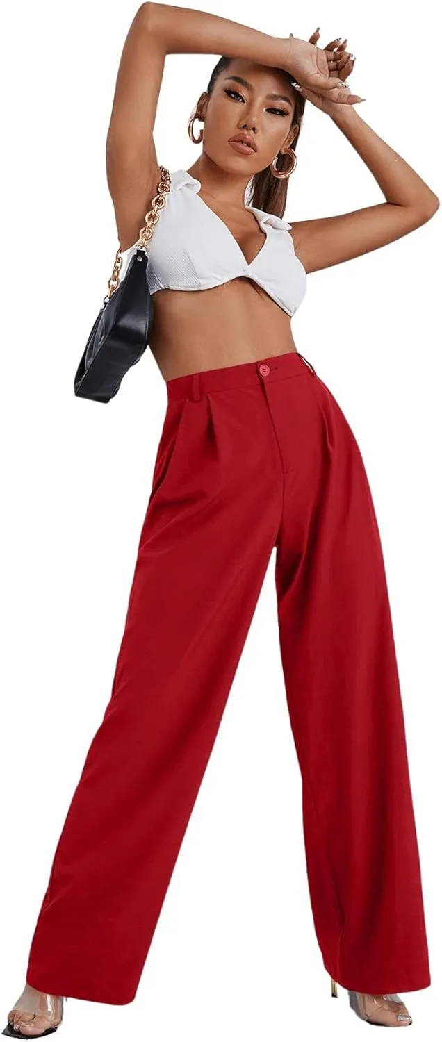 SweatyRocks Women's Casual Wide Leg High Waisted Button Down Straight Long Trousers Pants