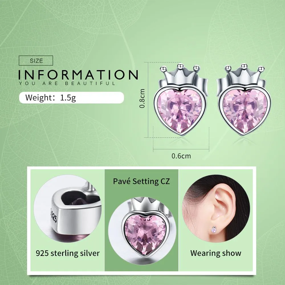 Sweet Pink Heart of Crown Stud Earrings