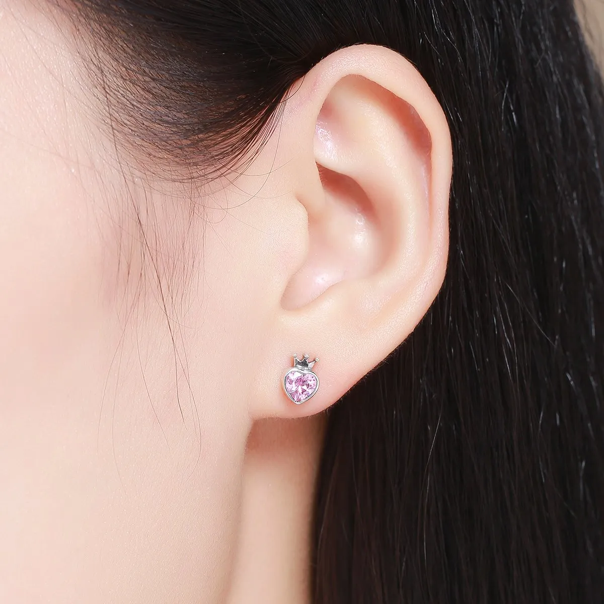 Sweet Pink Heart of Crown Stud Earrings
