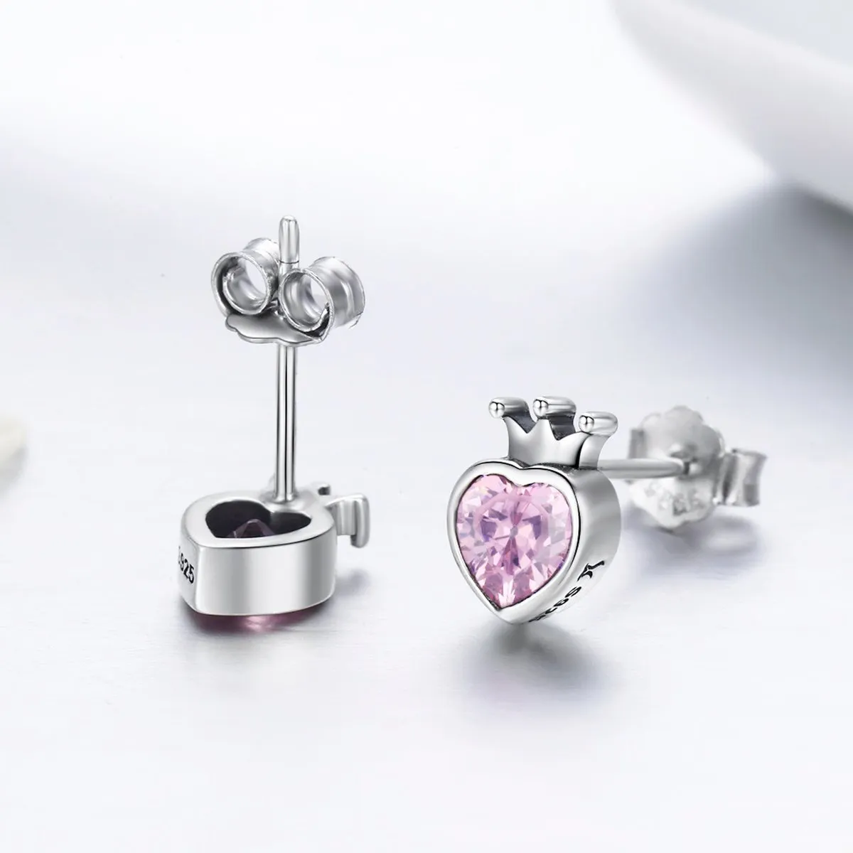 Sweet Pink Heart of Crown Stud Earrings