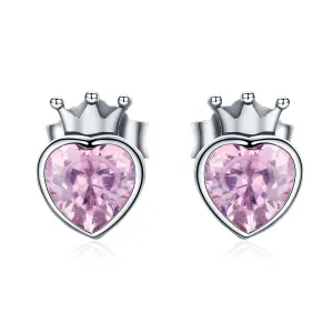 Sweet Pink Heart of Crown Stud Earrings