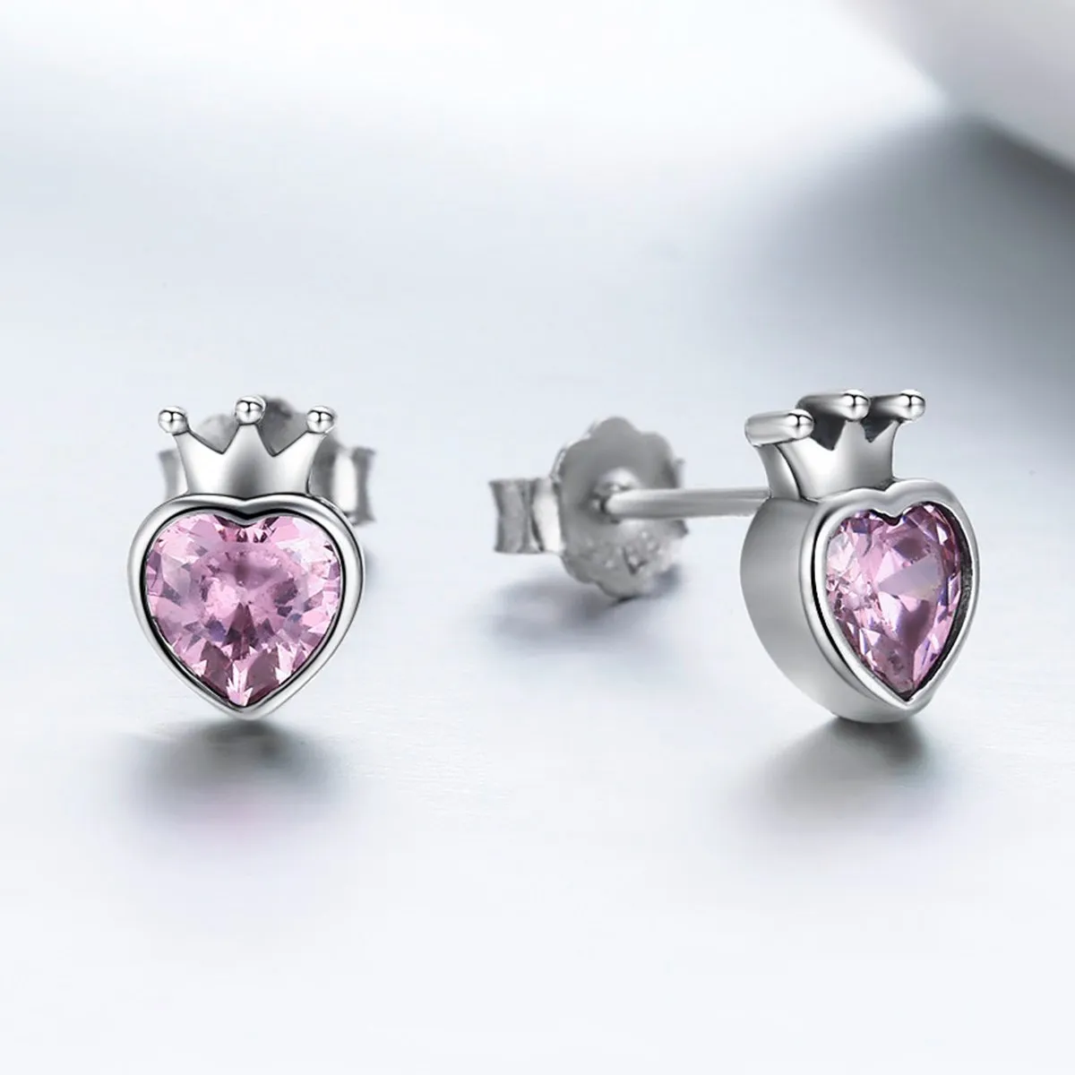 Sweet Pink Heart of Crown Stud Earrings