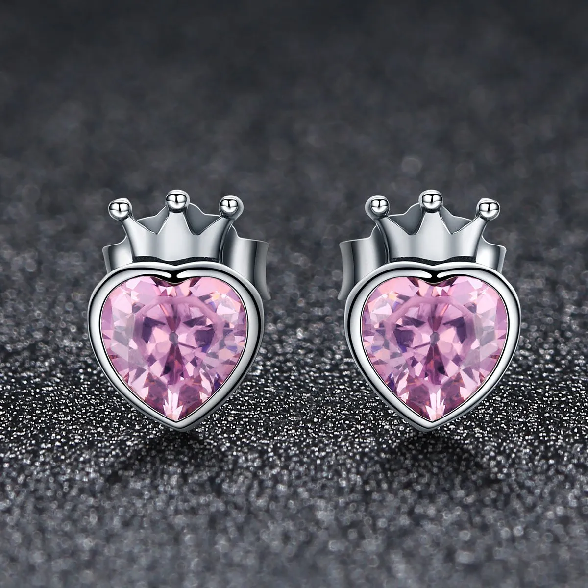 Sweet Pink Heart of Crown Stud Earrings