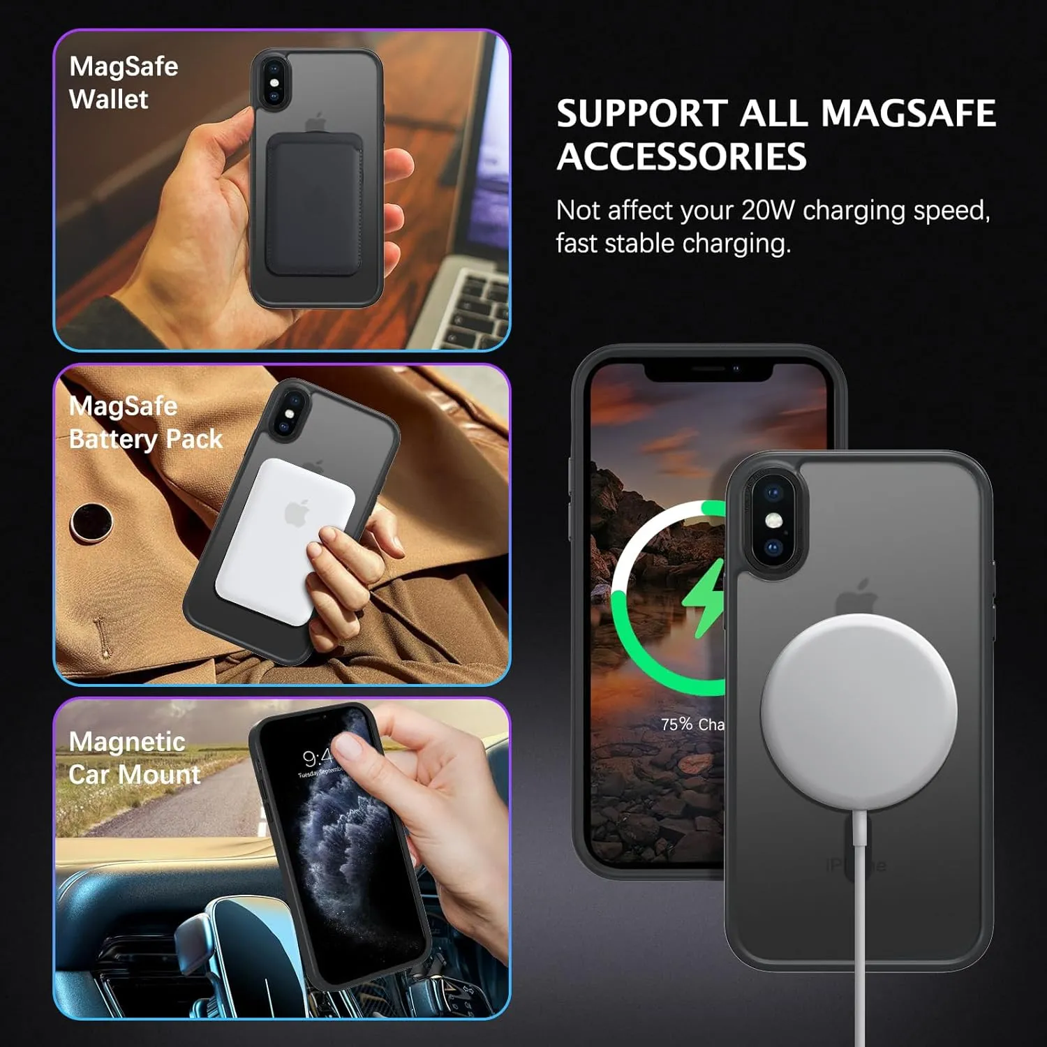 Telaso for iPhone X Case, iPhone Xs Phone Case Compatible with Magsafe Wireless Charging Translucent Matte Back Slim Shockproof Anti-Scratch Anti-Yellow Protective Magnetic for iPhone X/XS Case, Black