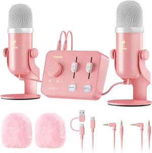 TONOR ASMR Microphone Equipment Bundle With Audio Interface, Immersive 3D Stereo, Dual Condenser Mics With Mixer, Clear Sound, Volume Control, Furry Windscreens, Set for ASMR, Pink
