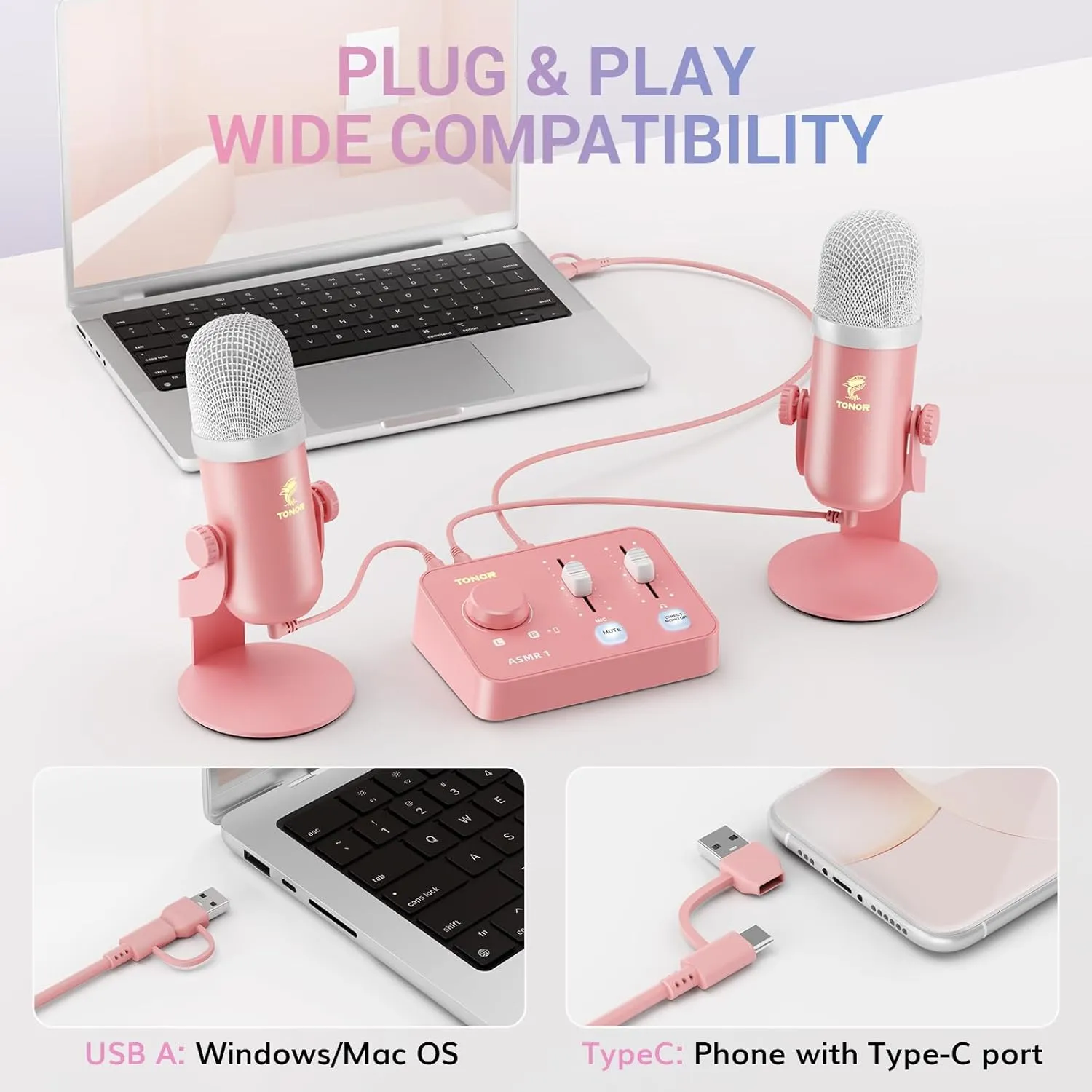 TONOR ASMR Microphone Equipment Bundle With Audio Interface, Immersive 3D Stereo, Dual Condenser Mics With Mixer, Clear Sound, Volume Control, Furry Windscreens, Set for ASMR, Pink