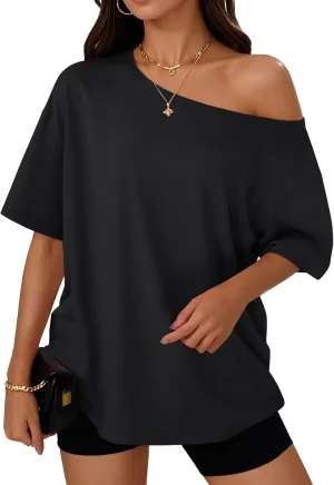Trendy Queen Womens Off The Shoulder Tops Oversized T-Shirts Short Sleeve Tees Summer 2025 Casual Spring Fashion Clothes
