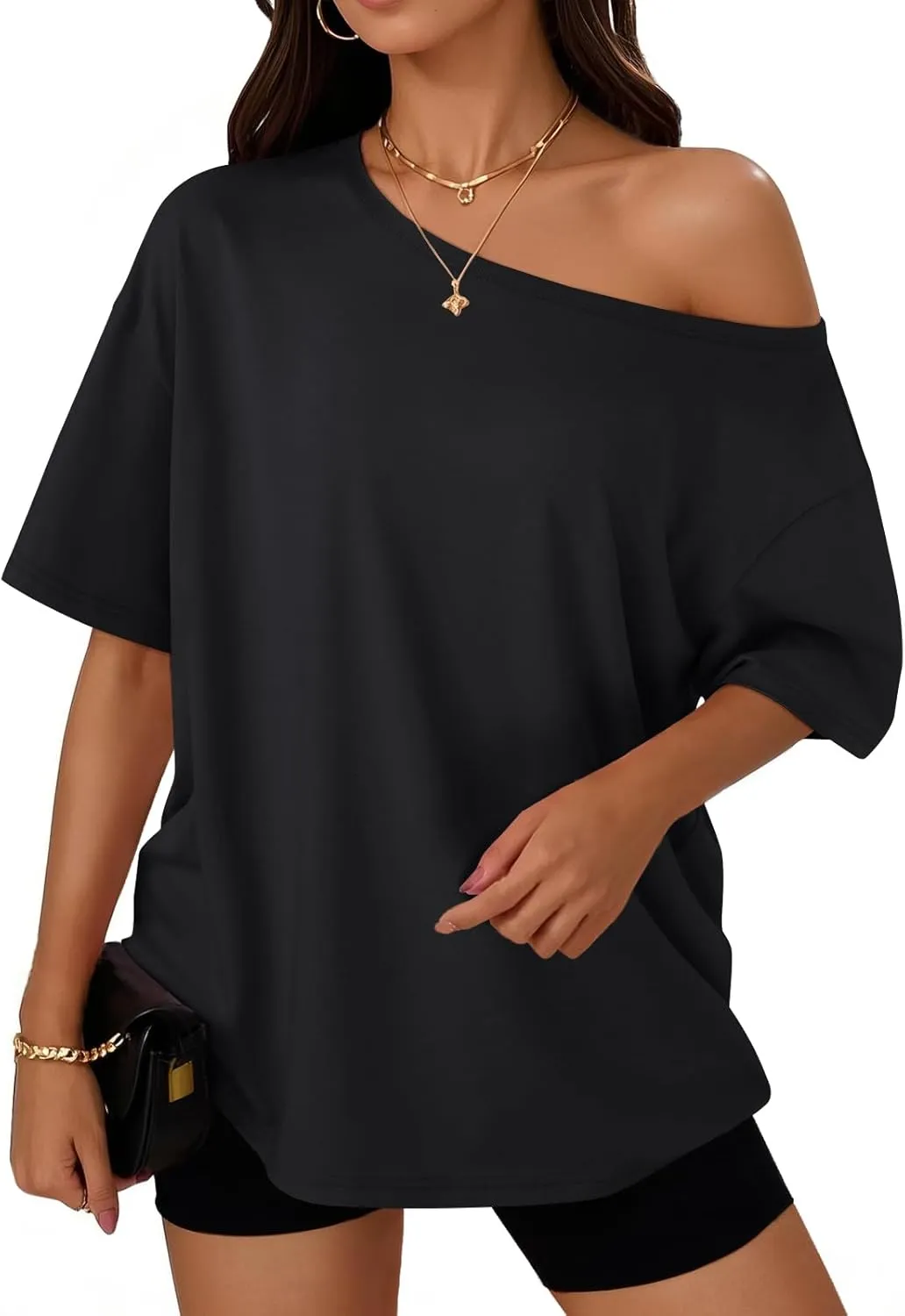 Trendy Queen Womens Off The Shoulder Tops Oversized T-Shirts Short Sleeve Tees Summer 2025 Casual Spring Fashion Clothes