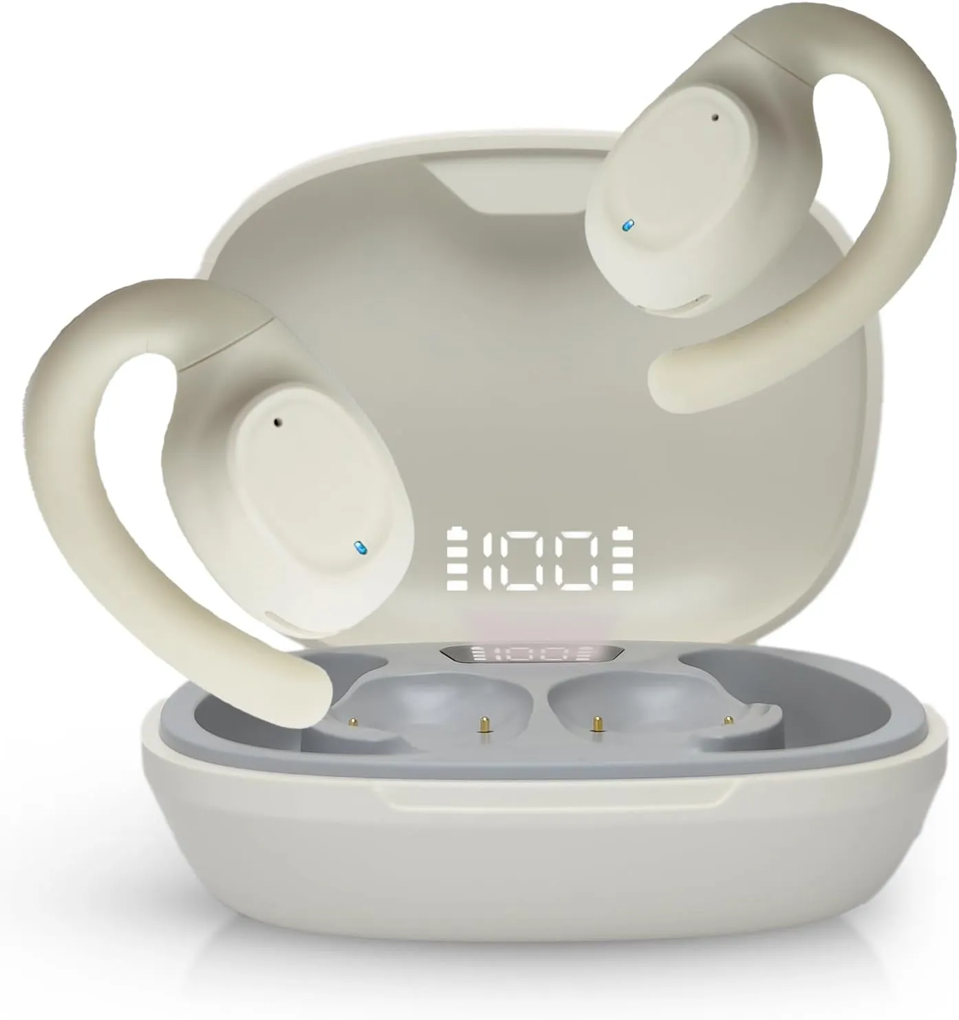 True Open Ear Wireless Headphones, Bluetooth 5.3 Earbuds with Ear Hooks - 40Hrs Battery Life, LED Display, Stereo  Comfort, Clear Calls, Driving, Cream White
