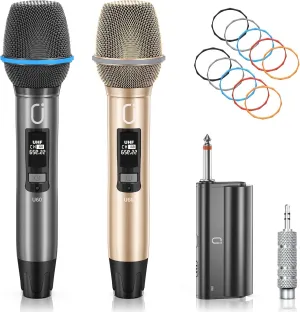 U60 Wireless Microphones, Dual UHF Microphone System with Rechargeable Receiver, Metal Karaoke Microphone for Singing, Wedding, DJ, Party, Speech, Church, Class, 200ft