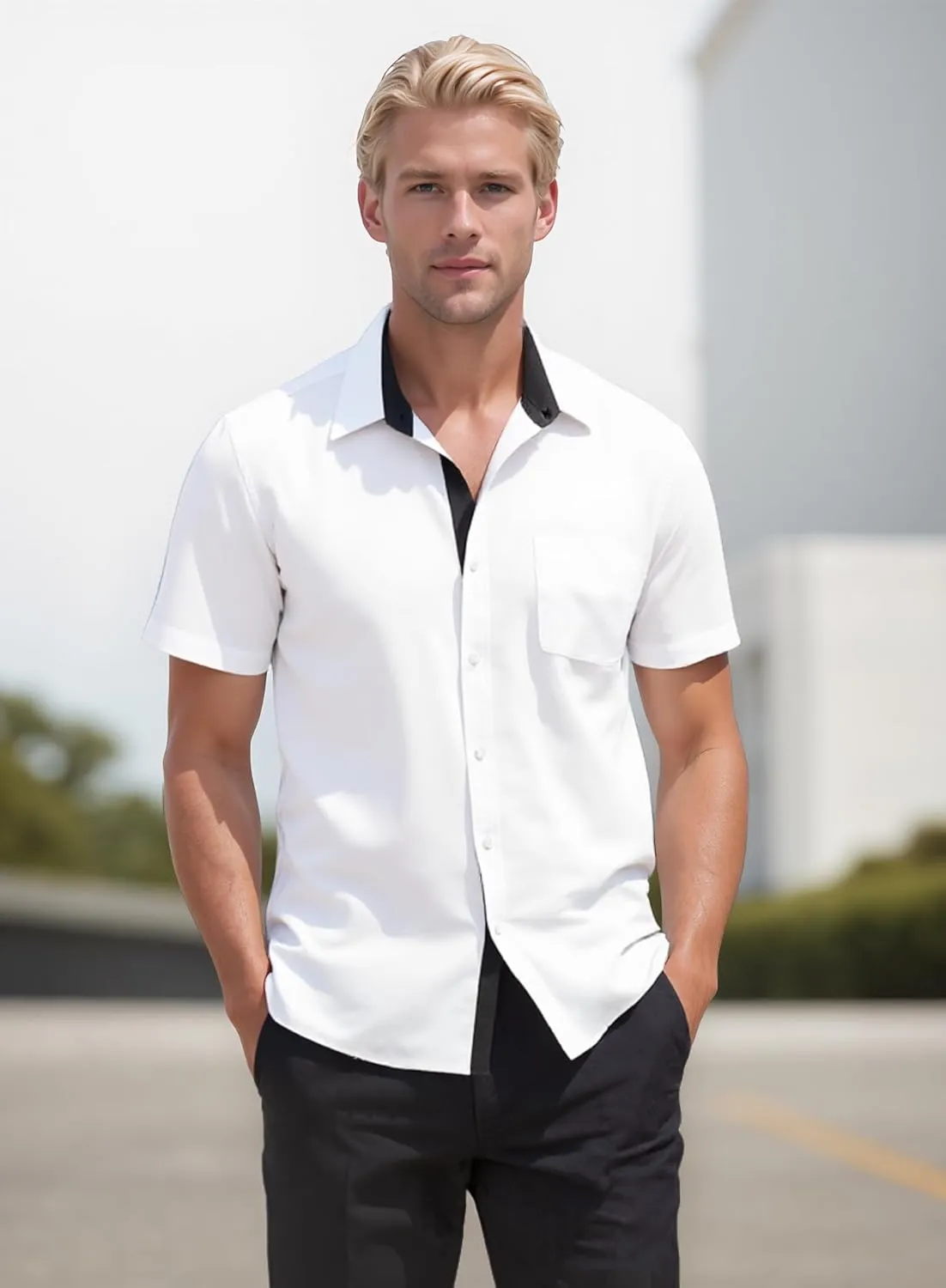 UOUA Men's Button Down Short Sleeve Dress Shirts Wrinkle Free Business Shirt Summer Casual Top