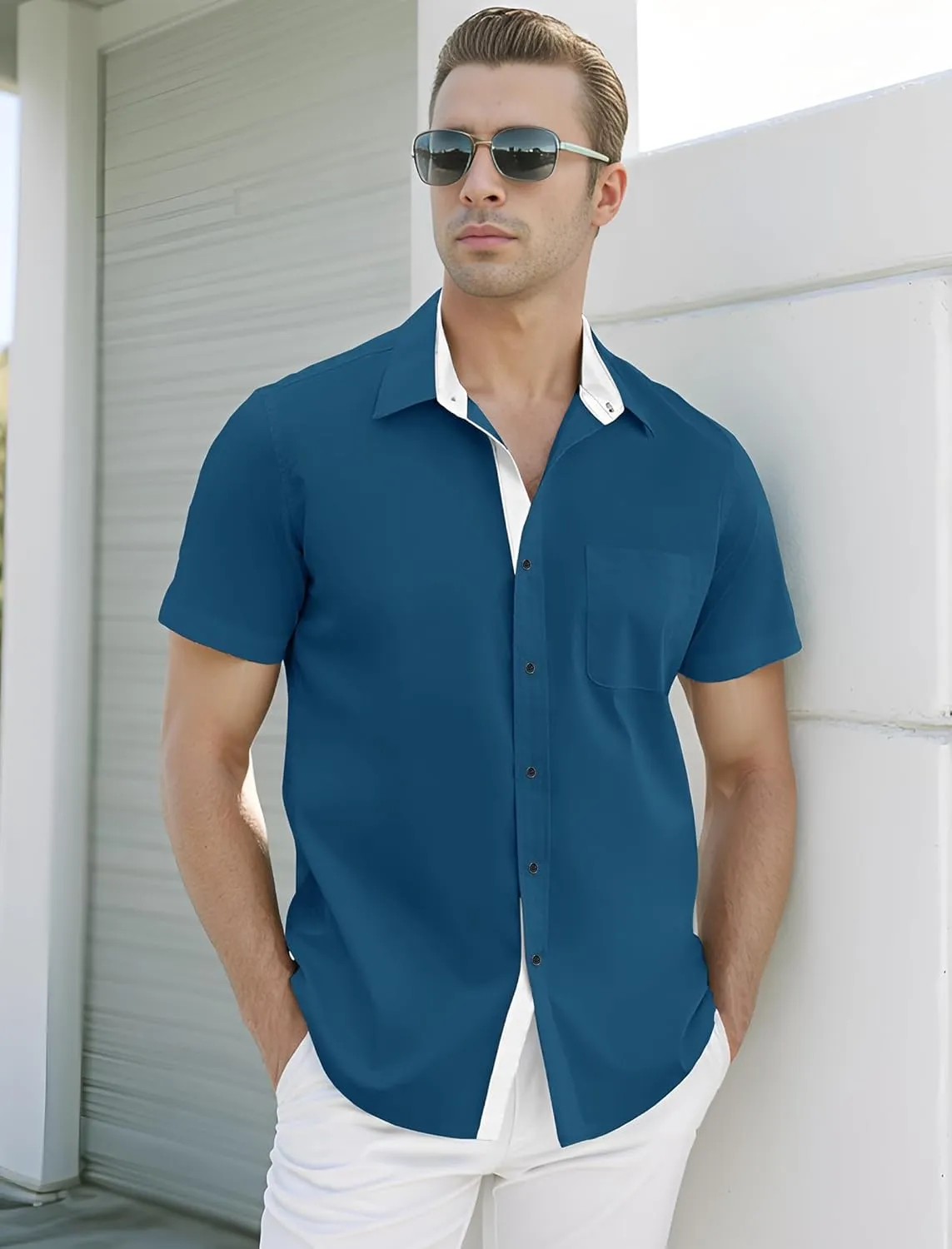 UOUA Men's Button Down Short Sleeve Dress Shirts Wrinkle Free Business Shirt Summer Casual Top