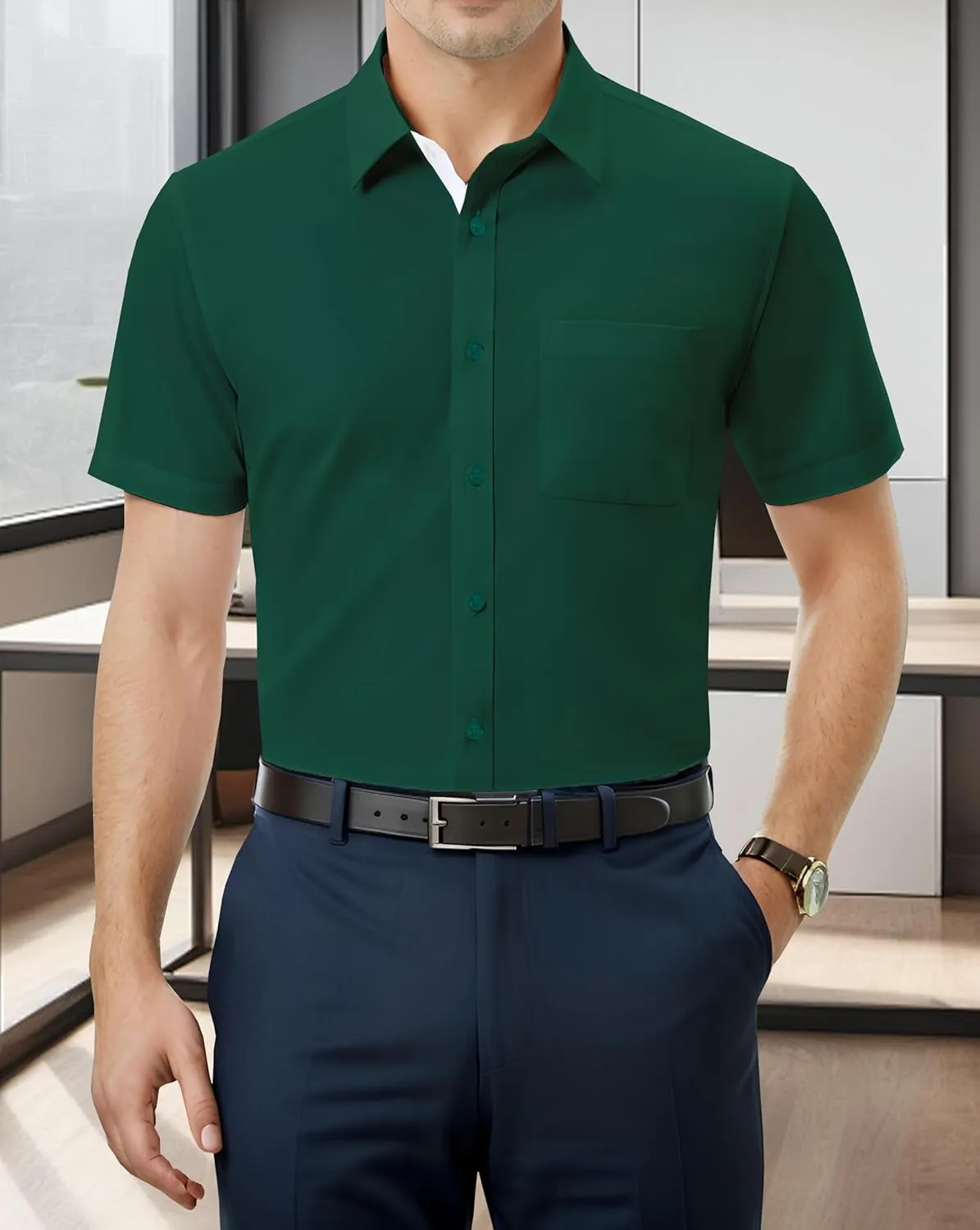 UOUA Men's Button Down Short Sleeve Dress Shirts Wrinkle Free Business Shirt Summer Casual Top