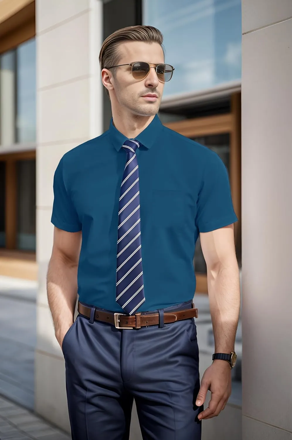 UOUA Men's Button Down Short Sleeve Dress Shirts Wrinkle Free Business Shirt Summer Casual Top