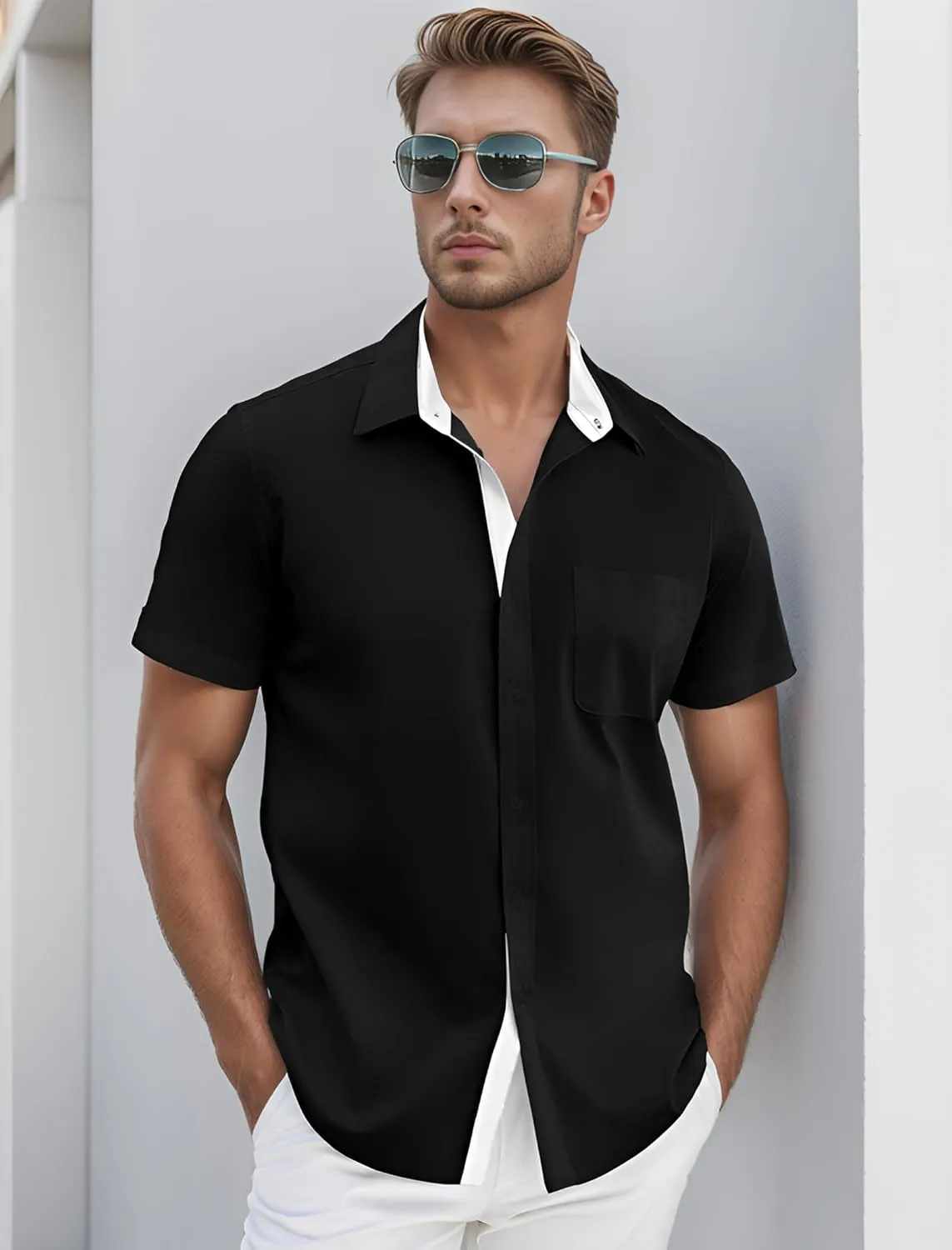UOUA Men's Button Down Short Sleeve Dress Shirts Wrinkle Free Business Shirt Summer Casual Top