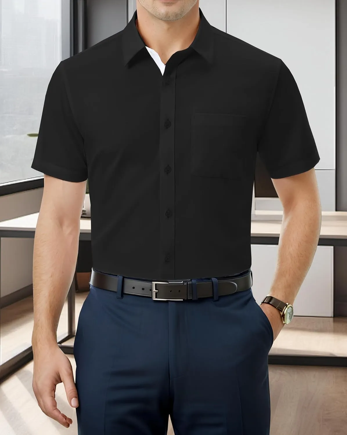 UOUA Men's Button Down Short Sleeve Dress Shirts Wrinkle Free Business Shirt Summer Casual Top