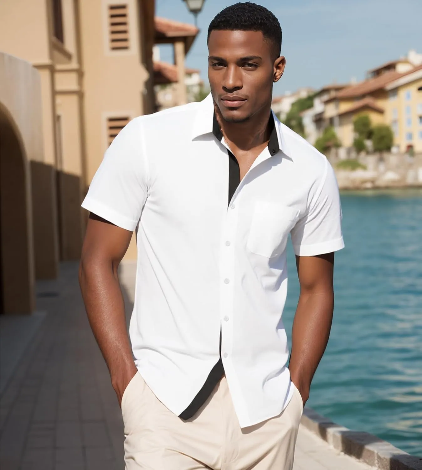 UOUA Men's Button Down Short Sleeve Dress Shirts Wrinkle Free Business Shirt Summer Casual Top