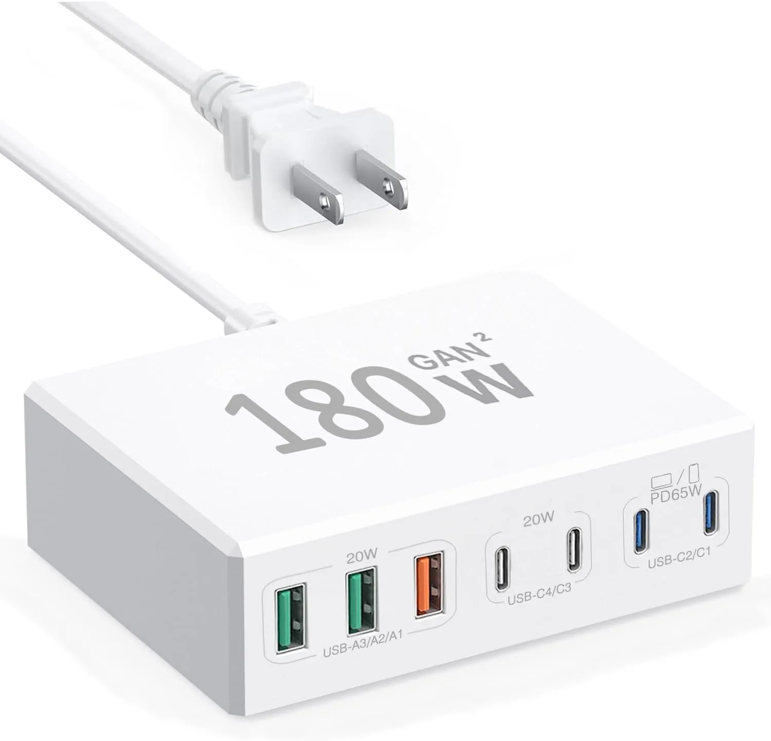 USB-C GaN 180W 7-Port Fast Charger - Compatible with MacBook, iPhone 12/13/14/15, Smartphones, Tablets & Other USB Devices