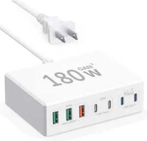 USB-C GaN 180W 7-Port Fast Charger - Compatible with MacBook, iPhone 12/13/14/15, Smartphones, Tablets & Other USB Devices
