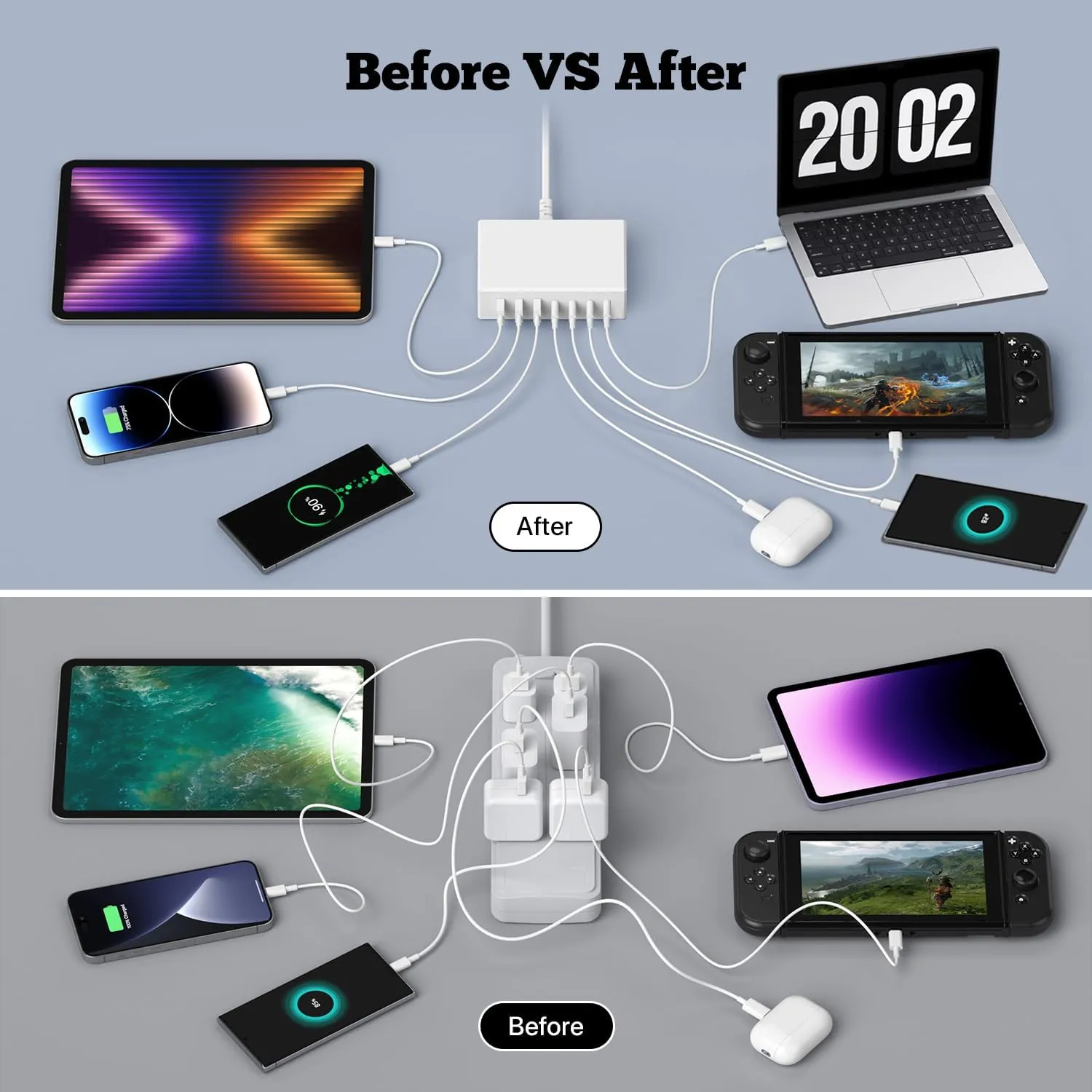 USB-C GaN 180W 7-Port Fast Charger - Compatible with MacBook, iPhone 12/13/14/15, Smartphones, Tablets & Other USB Devices