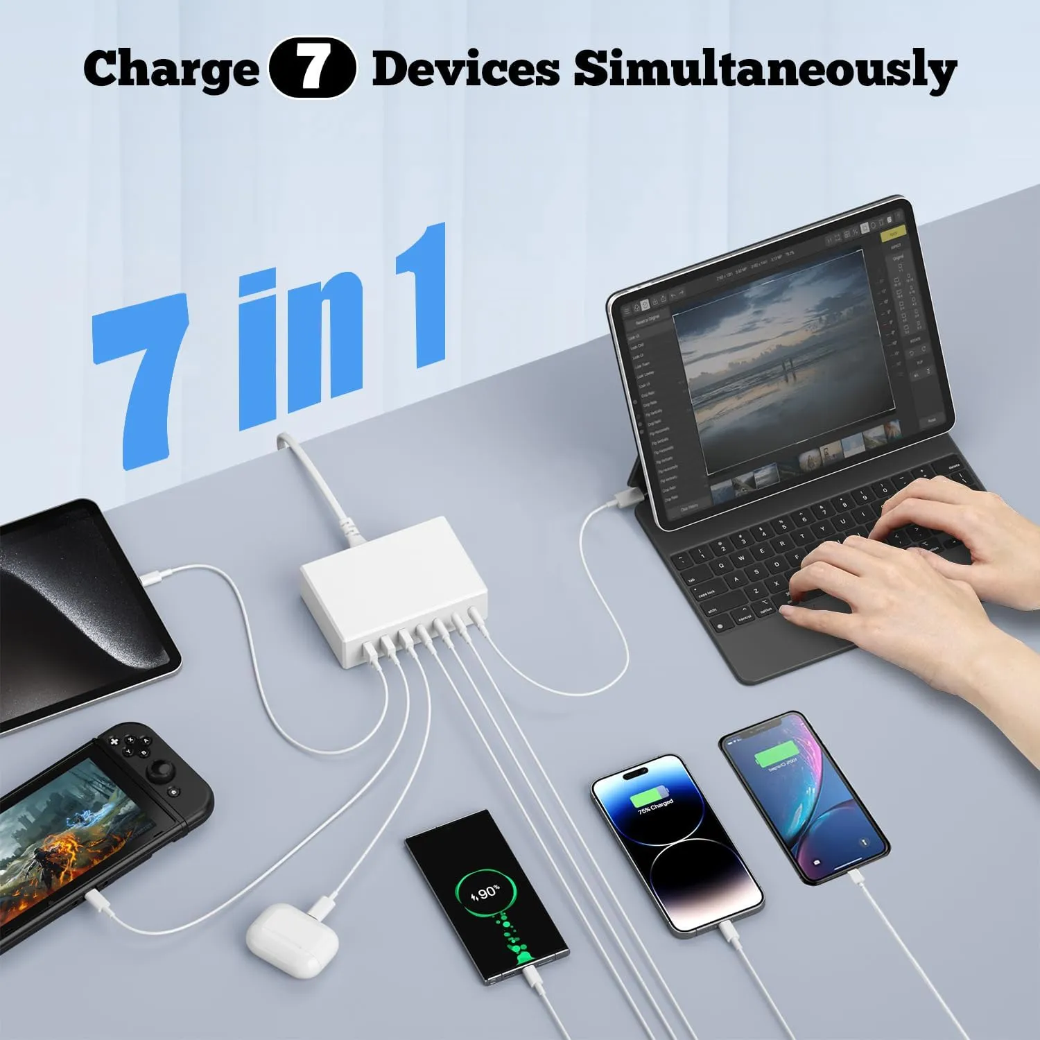 USB-C GaN 180W 7-Port Fast Charger - Compatible with MacBook, iPhone 12/13/14/15, Smartphones, Tablets & Other USB Devices