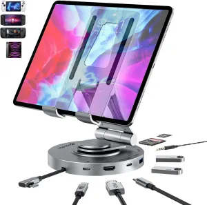 USB C Hub for Ipad Pro Docking Station, FOLODA 8-in-1 Rotatable Folding Type-C Tablet Stand with 4k HDMI, USB C 3.0 Data Port, 2*USB A 3.0, 100W PD Charging, 3.5mm Aux for Ipad Pro/Phone 15/Galaxy Tab