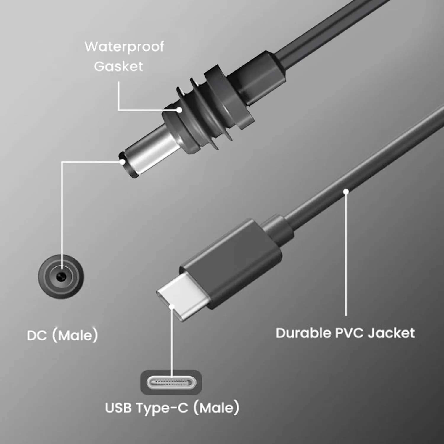 USB C to DC Power Cord PVC Pure Copper 18AWG IP68 Water Satellite Extension Cable for Indoor and Outdoor Use (5M/16.4FT)