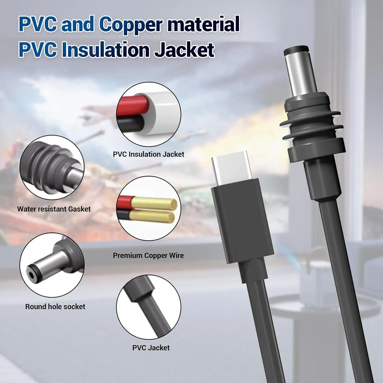 USB C to DC Power Cord PVC Pure Copper 18AWG IP68 Water Satellite Extension Cable for Indoor and Outdoor Use (5M/16.4FT)