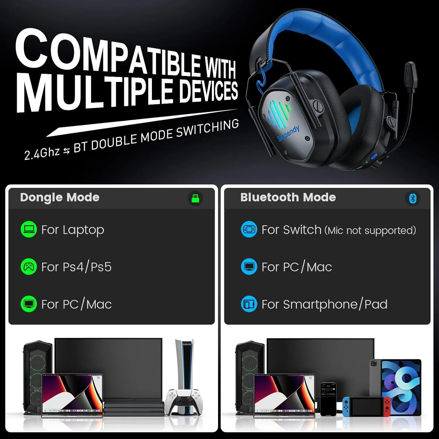 VK81 2.4GHz Wireless Gaming Headset for PS5, PS4, PC - Bluetooth Gaming Headphones with Noise Canceling Mic, Low Latency, Stereo Sound, 50 Hr Battery, Headset for Nintendo Switch,Black Blue