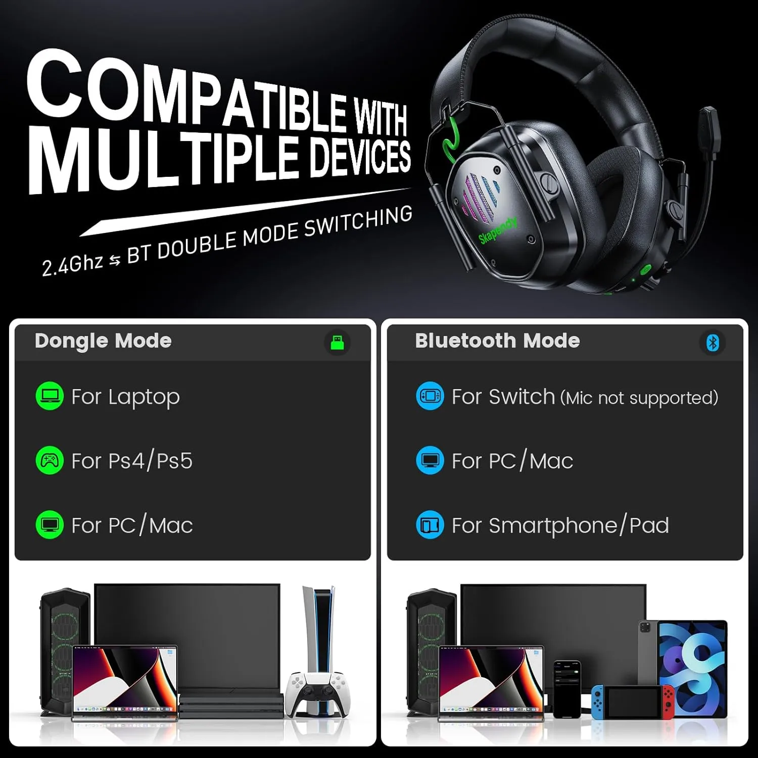 VK81 2.4GHz Wireless Gaming Headset for PS5, PS4, PC - Bluetooth Gaming Headphones with Noise Canceling Mic, Low latency, Stereo Sound, 50 Hr Battery, RGB Headset for Nintendo Switch, Black