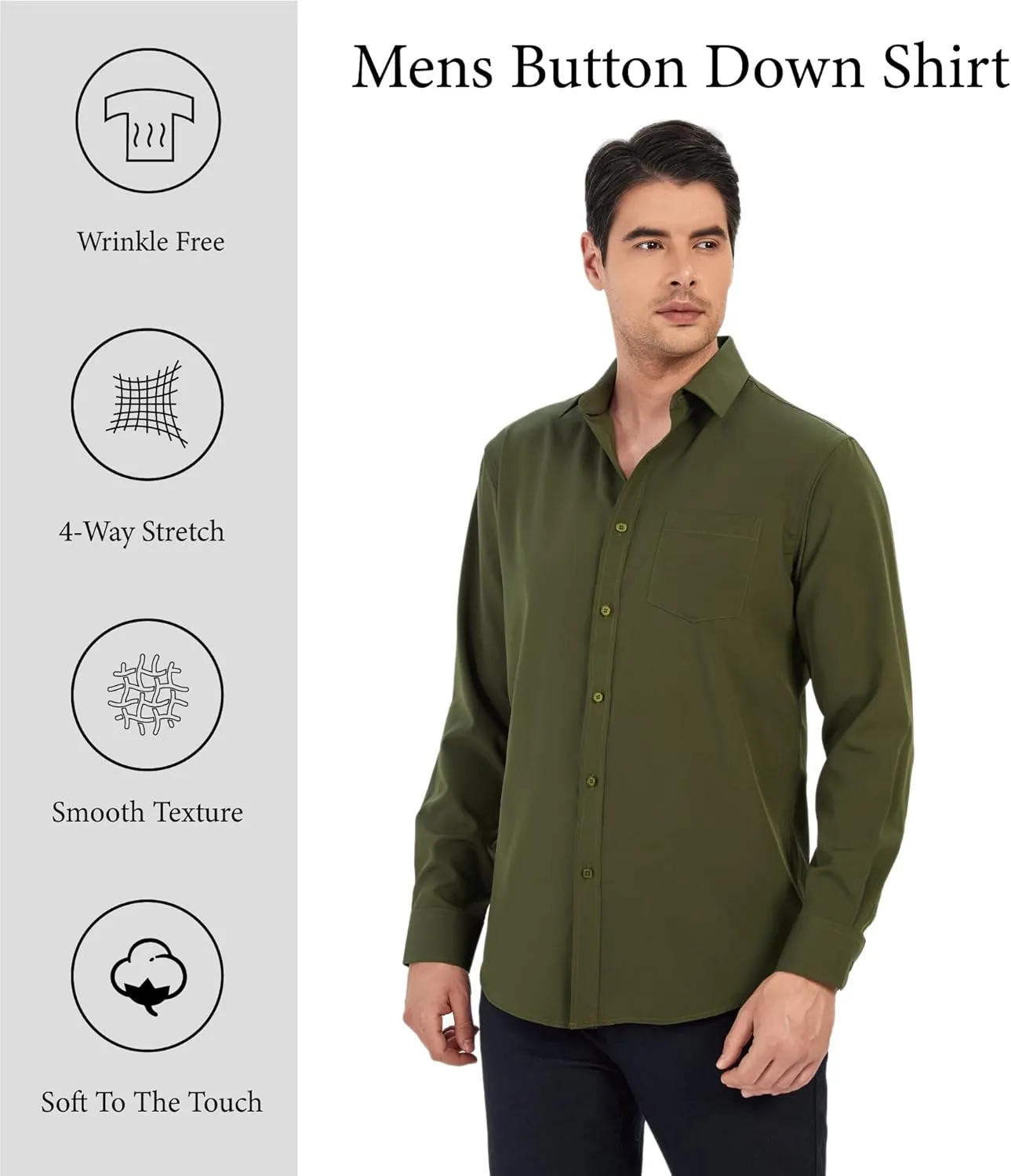 WARHORSEE Mens Dress Shirts Long Sleeve Performance 4-Way Stretch Wrinkle Free Casual Button Down Shirt